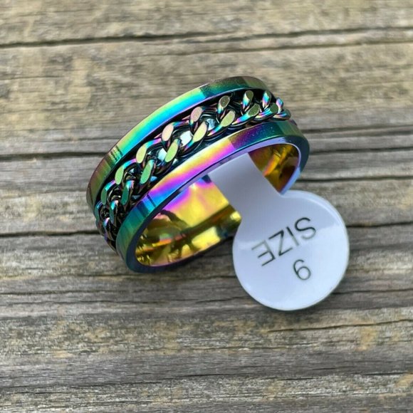 Multi Color Ring Fashion Unisex Ring Chain Style Men Women Rings Size 9 - Picture 7 of 10
